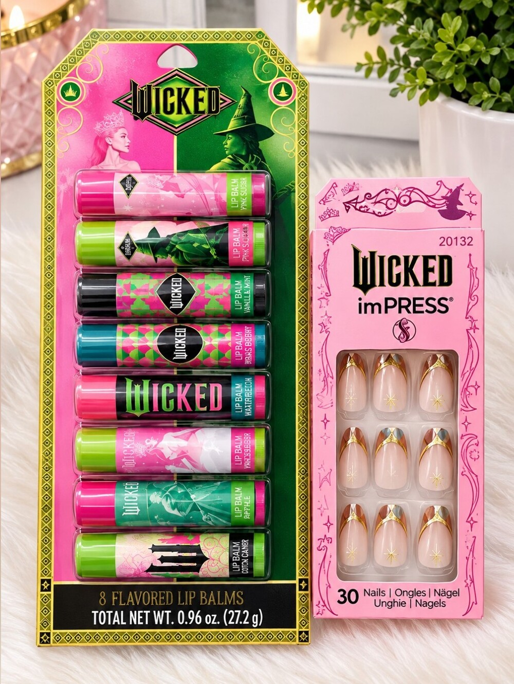 Wicked imPRESS Lip Balm & Press-On Nail Set — Pink and Green